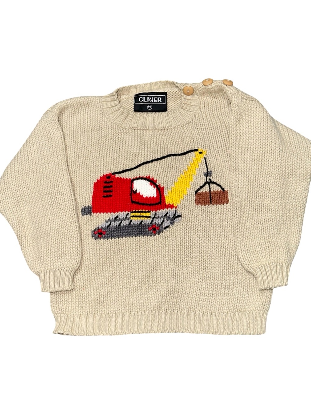 Claver Baby Boys Size 12 mos Cream Red Crane Excavator Cotton Knit Sweater